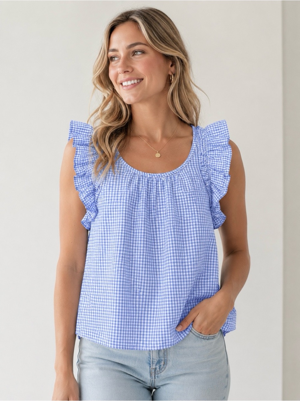 NEW! KIKIT Blue & White Gingham Ruffle Sleeve Blouse – Size Large